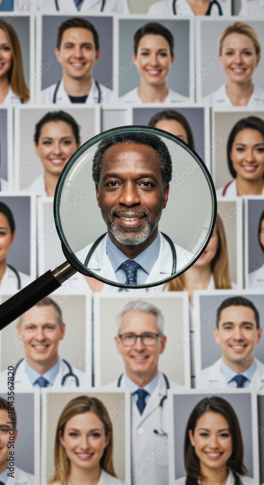 The magnifying glass focuses on one face among many, highlighting the selection of the best specialists The magnifying glass focuses on one face among many, highlighting the selection of the best specialists