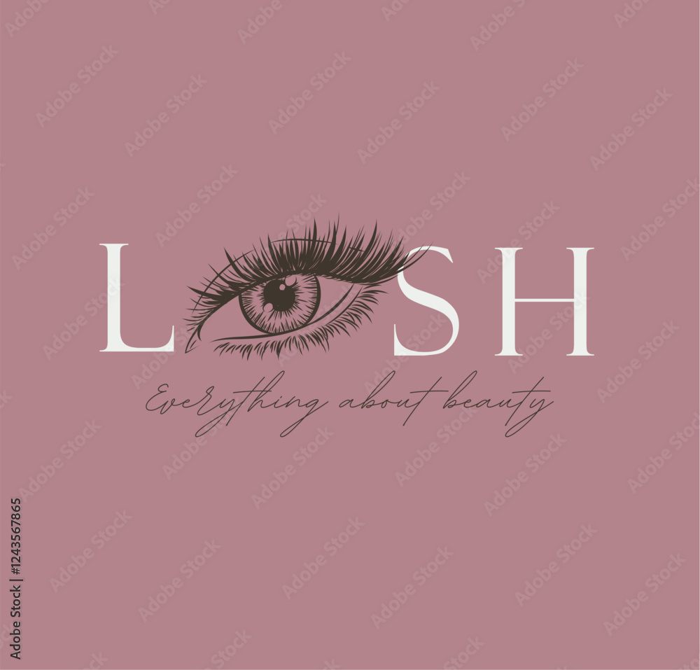 Eyelash beauty blog design with lettering drawing in art line style on beige background