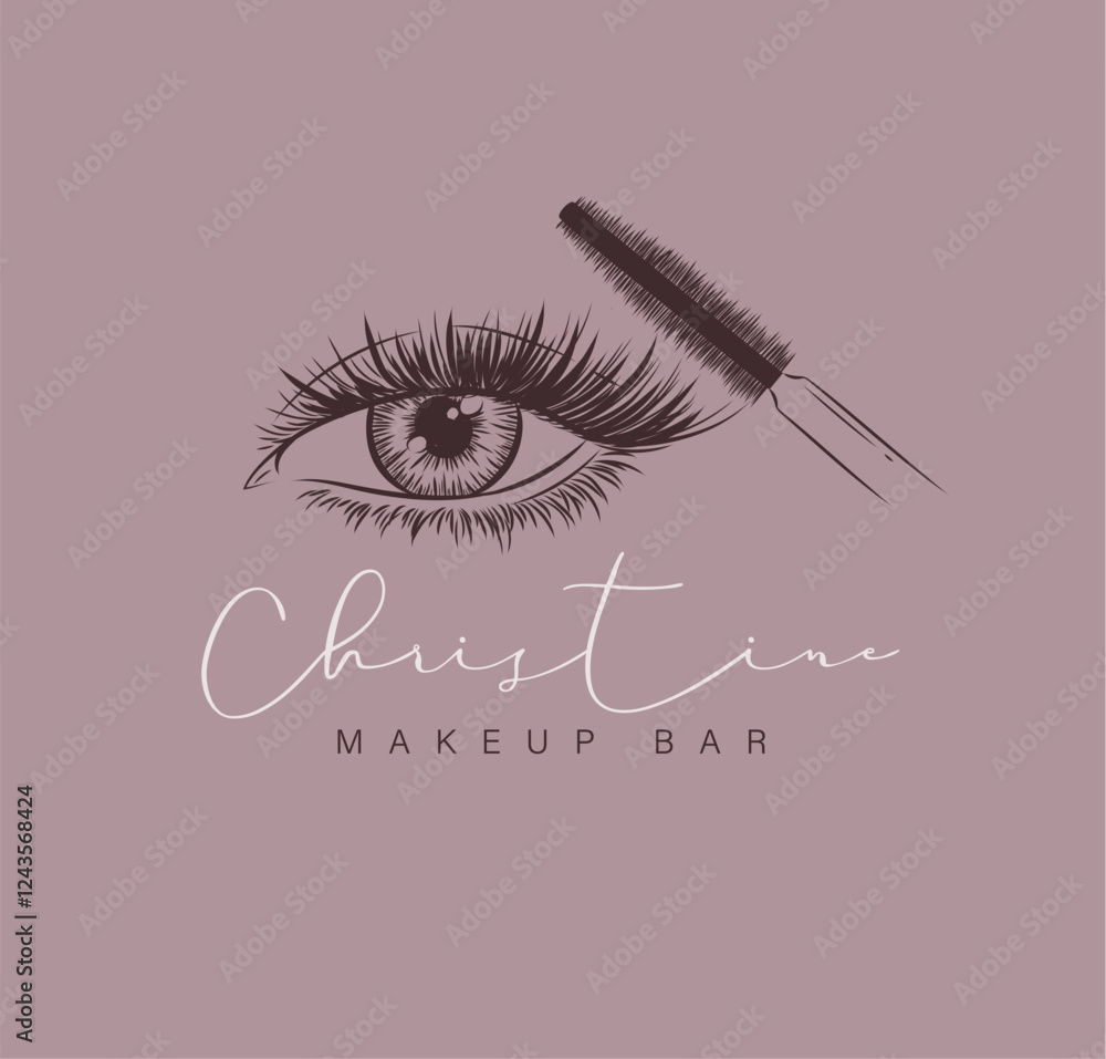 Makeup bar label design with lettering drawing in art line style on beige background