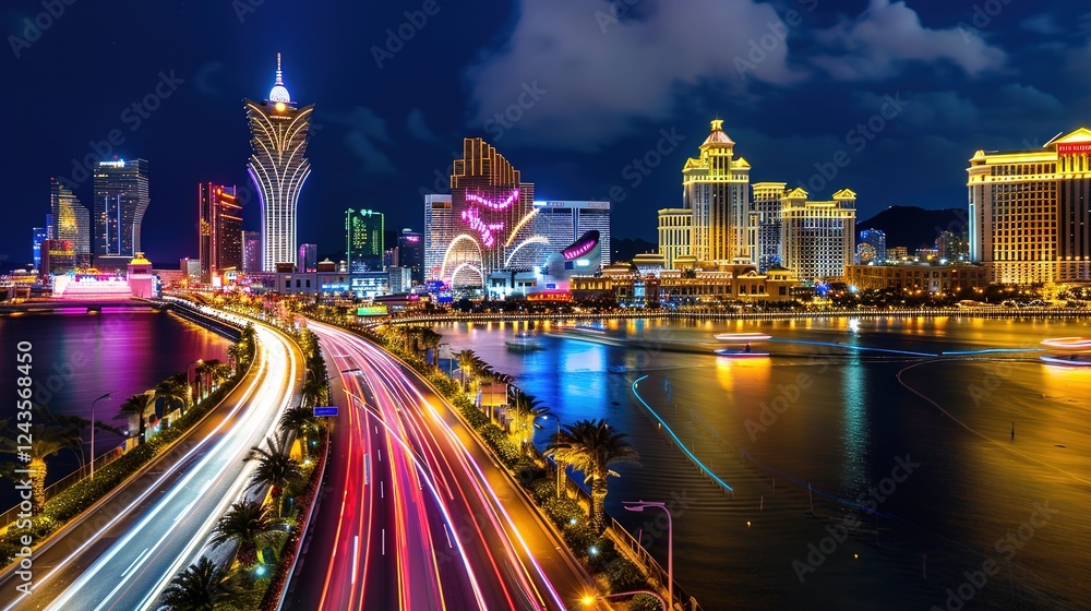 Obraz premium Vibrant night highway with light trails stretching towards the illuminated city skyline. The mesmerizing view of a busy thoroughfare at night, where the streaks of light from vehicles create a beautif