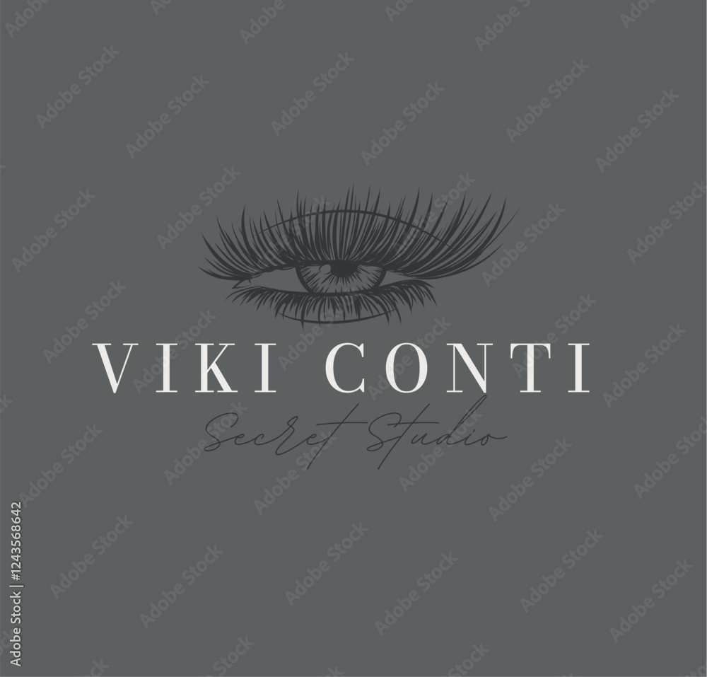 Secret studio label design with lettering drawing in art line style on beige background