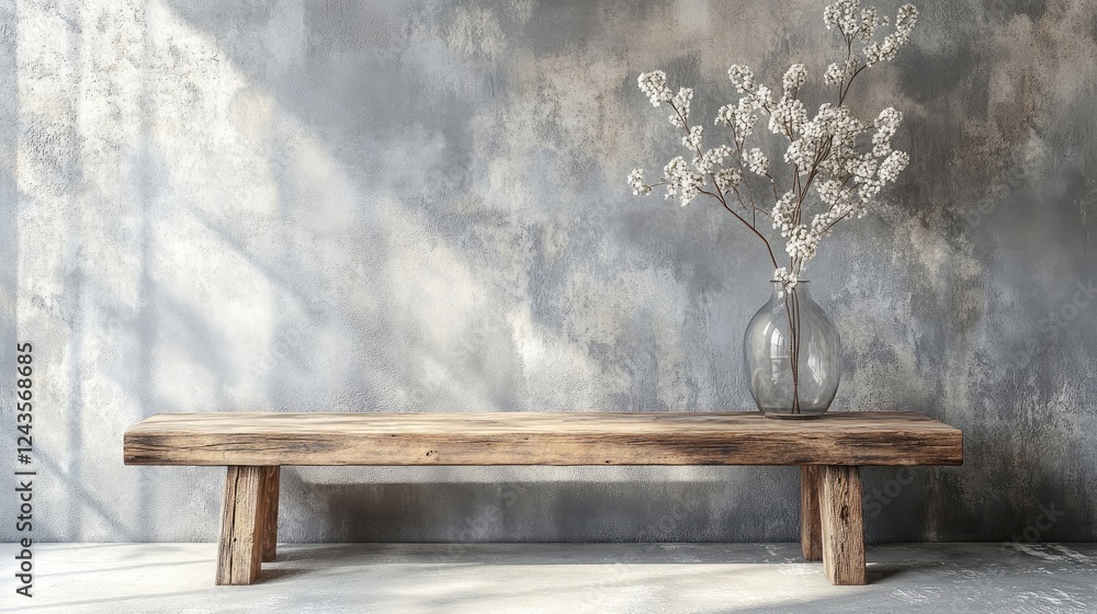 Solid wood rustic bench with glass vase against grunge concrete wall in home entryway Solid wood rustic bench with glass vase against grunge concrete wall in home entryway