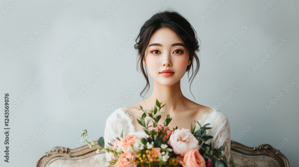 serene woman in white dress holds vibrant bouquet of flowers, exuding elegance and grace. serene woman in white dress holds vibrant bouquet of flowers, exuding elegance and grace.