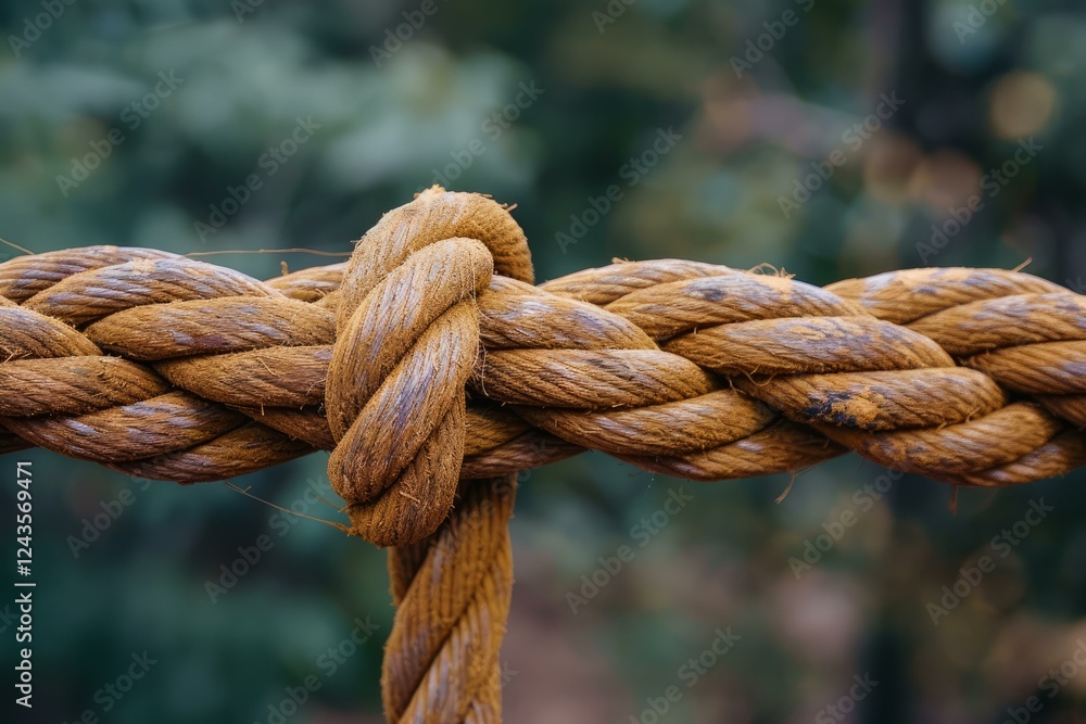 Close up of a secure knot joining two sections of a thick rope, providing a stable connection Close up of a secure knot joining two sections of a thick rope, providing a stable connection