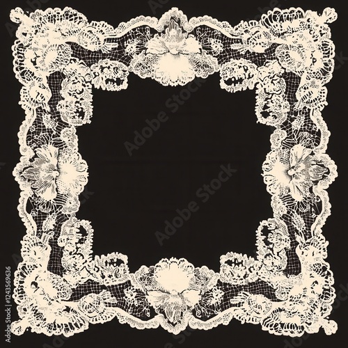 Vintage lace border illustration with intricate floral patterns framed on a dark background suitable for elegant designs