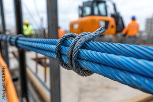 Close-up of knotted blue steel cable at construction site, blurred machinery and workers in background.