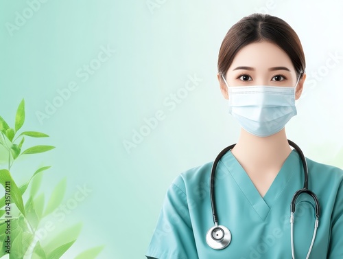 Young female doctor wearing mask and stethoscope in medical setting photo