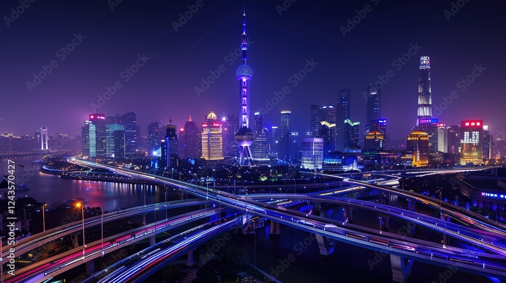 Fototapeta premium Vibrant night highway with light trails stretching towards the illuminated city skyline. The mesmerizing view of a busy thoroughfare at night, where the streaks of light from vehicles create a beautif