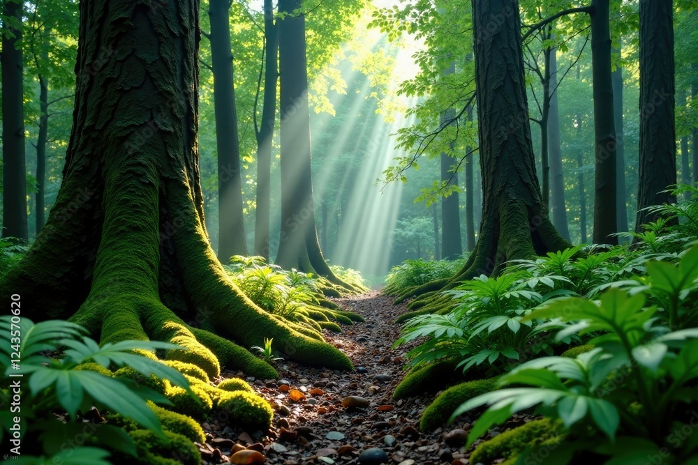 Obraz premium Veiled forest floor amidst towering trees and ferns, moss, tree trunks