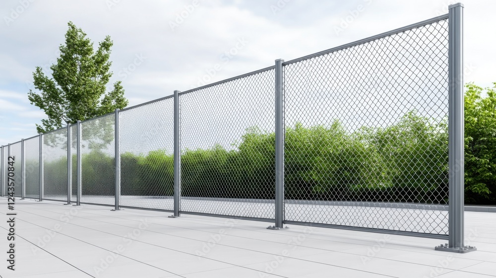 Modern Chain Link Fence with Greenery Background and Clear Sky for Landscape or Property Divisions Modern Chain Link Fence with Greenery Background and Clear Sky for Landscape or Property Divisions