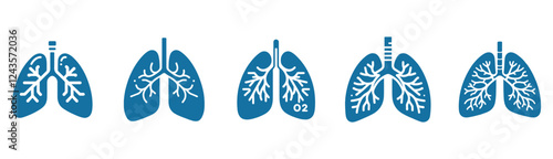 blue set of human lung  flat style vector icon illustration.