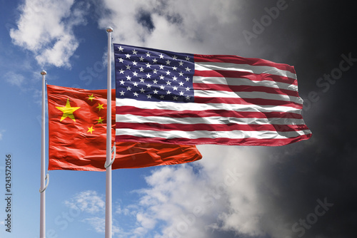 Flags of China and US above dark sky.