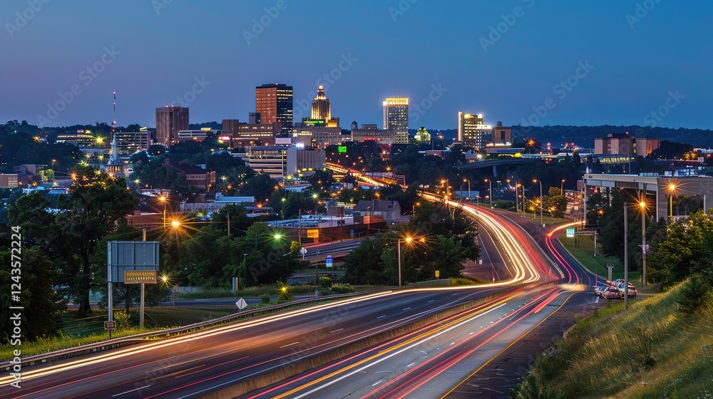 Obraz premium Vibrant night highway with light trails stretching towards the illuminated city skyline. The mesmerizing view of a busy thoroughfare at night, where the streaks of light from vehicles create a beautif