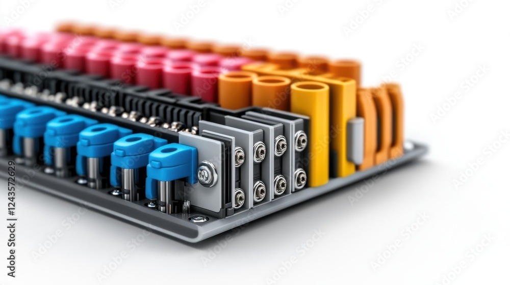 Detailed Close-Up of Electrical Terminal Blocks with Colorful Insulation and Components for Wiring Applications Detailed Close-Up of Electrical Terminal Blocks with Colorful Insulation and Components for Wiring Applications