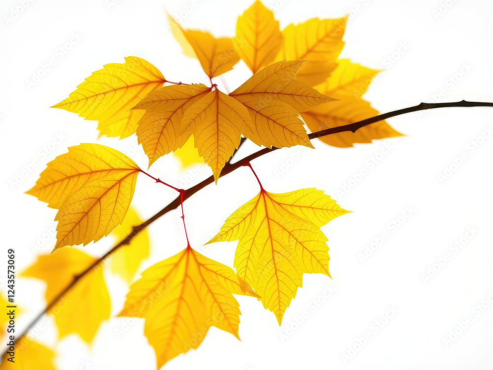 Vibrant yellow fall leaves on a branch against a clean white background, isolated, botanical, minimalistic Vibrant yellow fall leaves on a branch against a clean white background, isolated, botanical, minimalistic