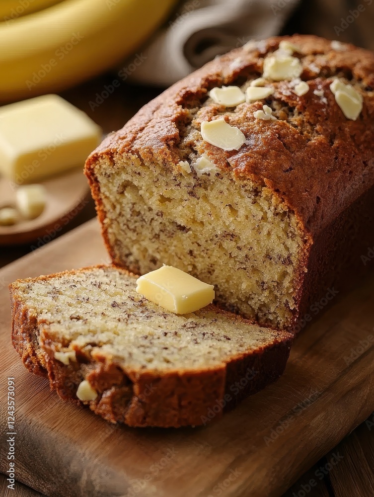 Freshly baked loaf of banana bread with a slice topped with butter and nuts on a wooden cutting board Freshly baked loaf of banana bread with a slice topped with butter and nuts on a wooden cutting board
