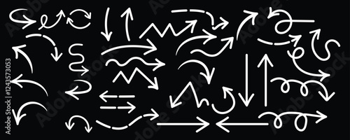set of white hand drawn arrows. simple vector arrows isolated on black background. Variety Arrow mark icons. Arrow paint