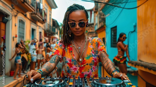 Fototapeta Naklejka Na Ścianę i Meble -  Festive atmosphere in small alleys of streets in South American countries. A dark-skinned young DJ with many tattoos and short black hair, wearing a colorful short-sleeved shirt and sunglasses 