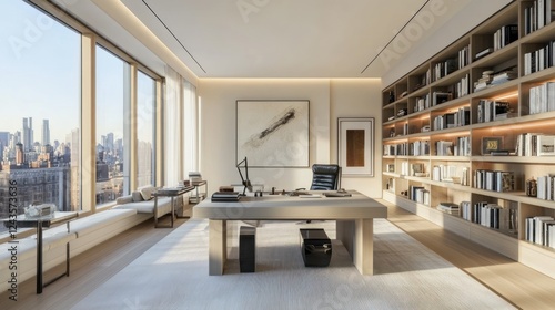 Modern luxury home office with city view, large windows, wooden desk, built-in bookcase, and comfortable seating.