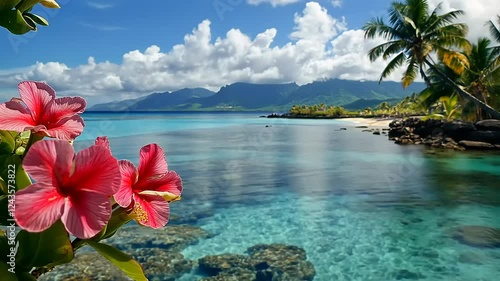 Vibrant pink hibiscus flowers bloom in foreground of tropical beach and ocean scene.