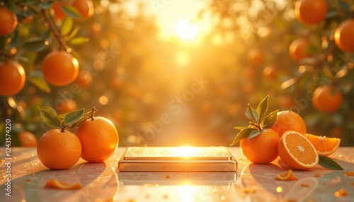 Luxurious background in orange grove at sunset, empty podium display for product presentation organic, spa, health, cosmetic, beauty