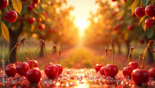 Luxurious background in cherry orchard at sunset, empty podium display for product presentation organic, spa, health, cosmetic, beauty