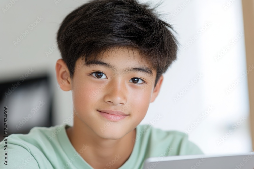 Close up of a young asian boy in his early teens, smiling warmly. Soft lighting enhances his friendly expression and youthful features Close up of a young asian boy in his early teens, smiling warmly. Soft lighting enhances his friendly expression and youthful features