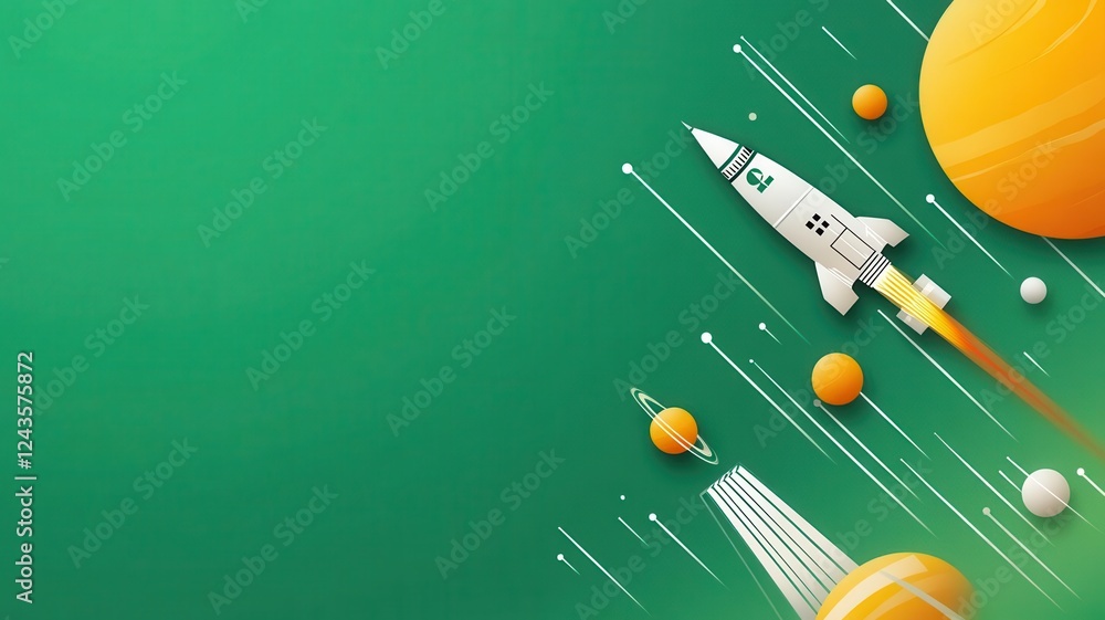 Rocket illustration on a green background with abstract shapes and lines representing movement and exploration. Rocket illustration on a green background with abstract shapes and lines representing movement and exploration.