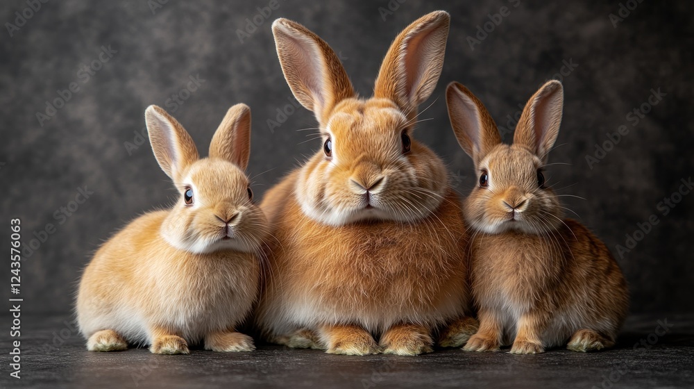 Fototapeta premium Three adorable, tan rabbits posing in a studio setting against a dark backdrop