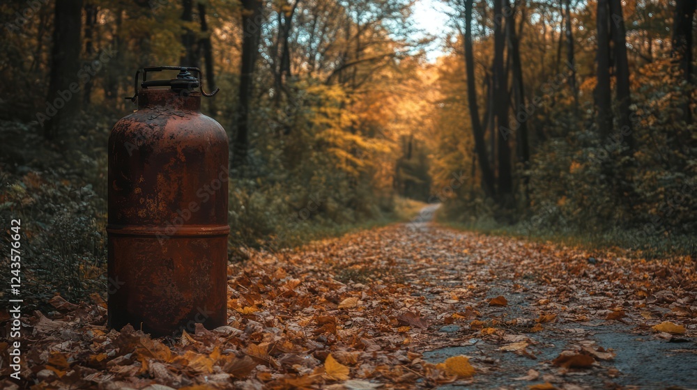 Fototapeta premium Rusty Tank in Autumnal Forest Path