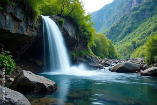 Water falls from a rocky cliff into the stream, calm, mountain