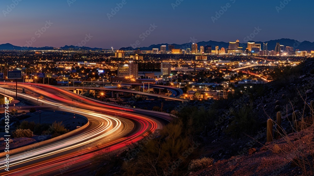 Fototapeta premium Vibrant night highway with light trails stretching towards the illuminated city skyline. The mesmerizing view of a busy thoroughfare at night, where the streaks of light from vehicles create a beautif
