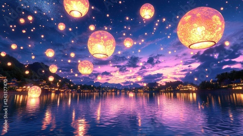 Nighttime Festivities: Vector Design of Loy Kratong Thailand Festival with Moon Lanterns and River in Background photo