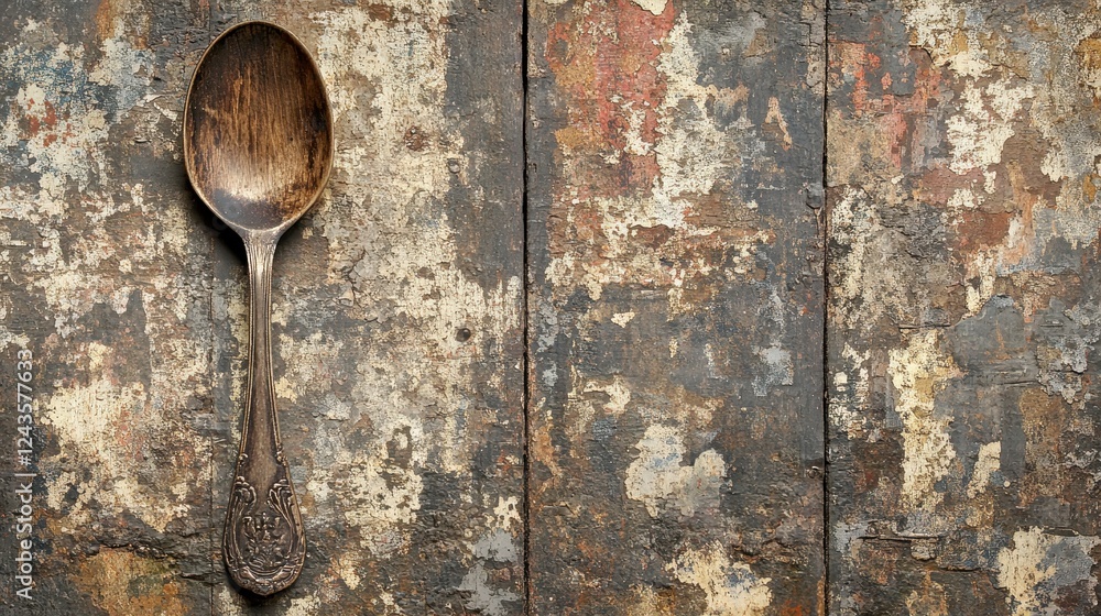 Aged wooden spoon on rustic textured background, overhead view. Dark brown and beige tones, copy space Aged wooden spoon on rustic textured background, overhead view. Dark brown and beige tones, copy space