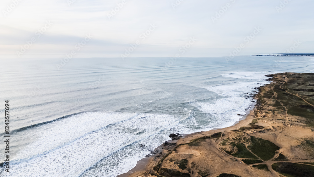 Aerial drone view of Sauzaie beach, Bretignolles sur mer, Vendee, France