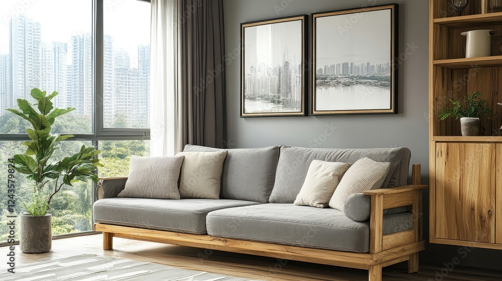 Studio apartment with grey sofa against window and wooden cabinet Studio apartment with grey sofa against window and wooden cabinet