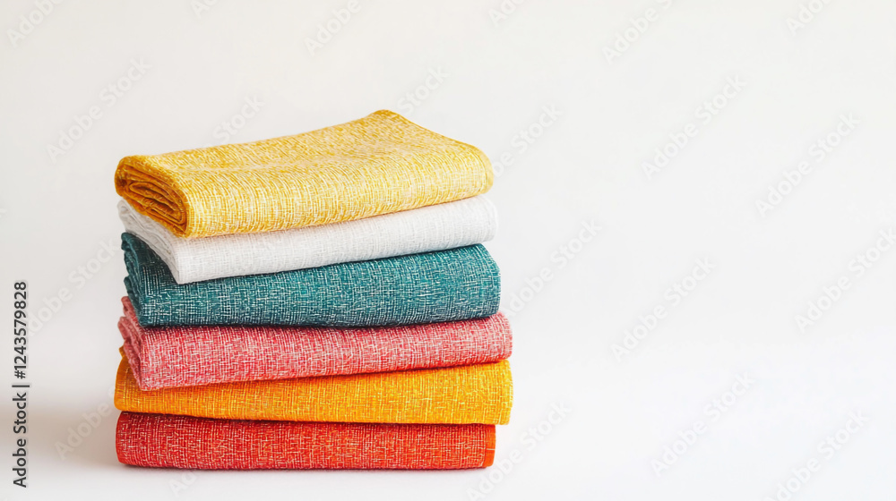 Stack of colorful towels arranged neatly on a white background, showcasing vibrant hues and soft texture Stack of colorful towels arranged neatly on a white background, showcasing vibrant hues and soft texture