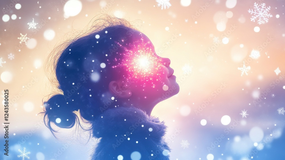 Fototapeta premium Child glowing with wonder during a winter evening, surrounded by snowflakes and a colorful sky