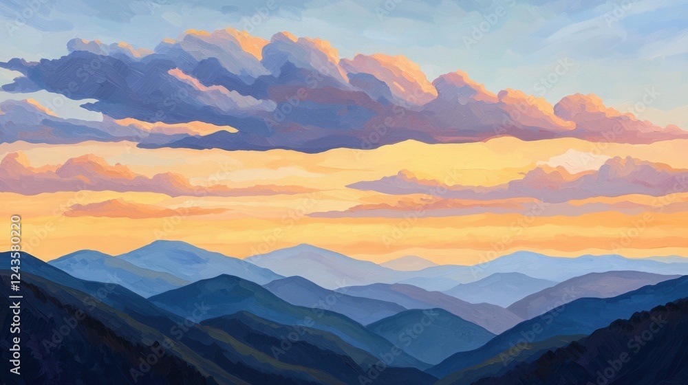 Obraz premium Serene Mountain Landscape with Colorful Sunset and Clouds