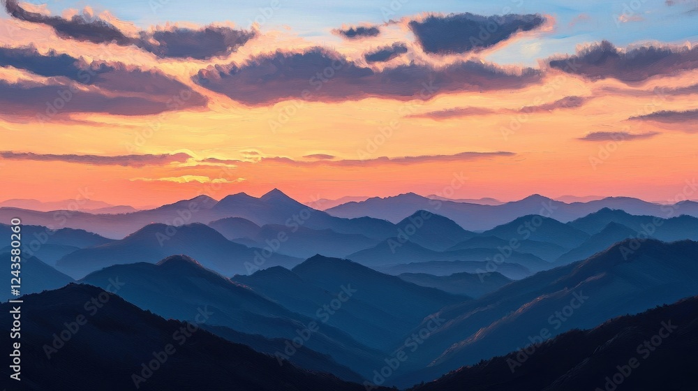 Serene Sunset Over Layered Mountain Ranges in Soft Lighting Serene Sunset Over Layered Mountain Ranges in Soft Lighting