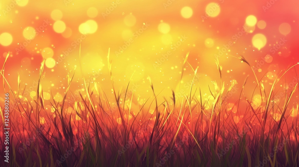Fototapeta premium Vibrant sunrise over golden grass with sparkling dew in a tranquil natural setting
