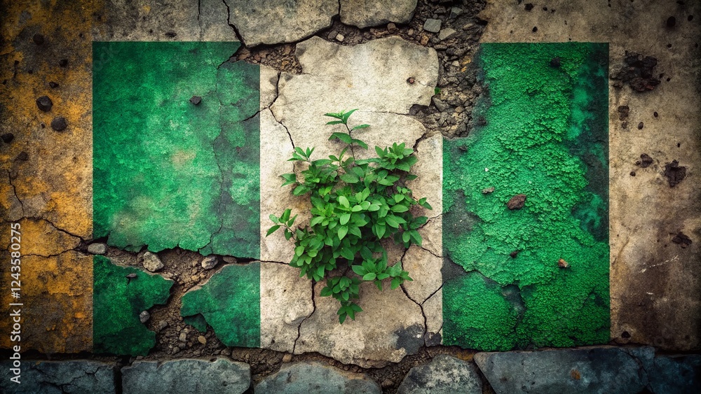Naklejka premium Nigeria Flag Graffiti Concrete Urban Decay Square Stock Photo