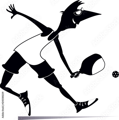 Smiling young man playing pickleball. 
Cartoon man plays pickleball. Black and white illustration
