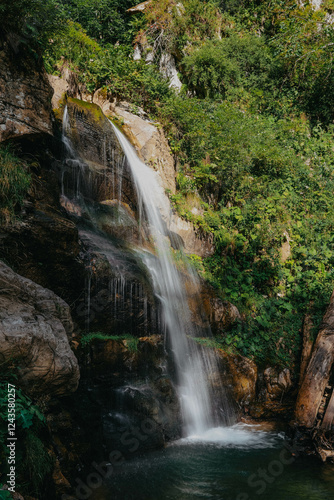 A waterfall is in a forest, surrounded by trees and rocks