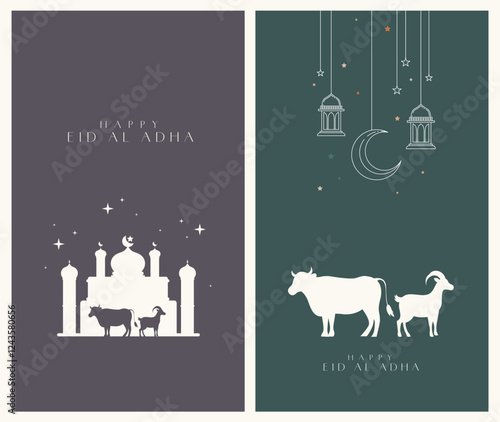 Hari Raya Idul Adha & Aidilfitri poster template set featuring ketupat, pelita oil lamp, masjid silhouette, and festive motifs. Perfect for Muslim holiday greeting cards, invitations, and social media photo