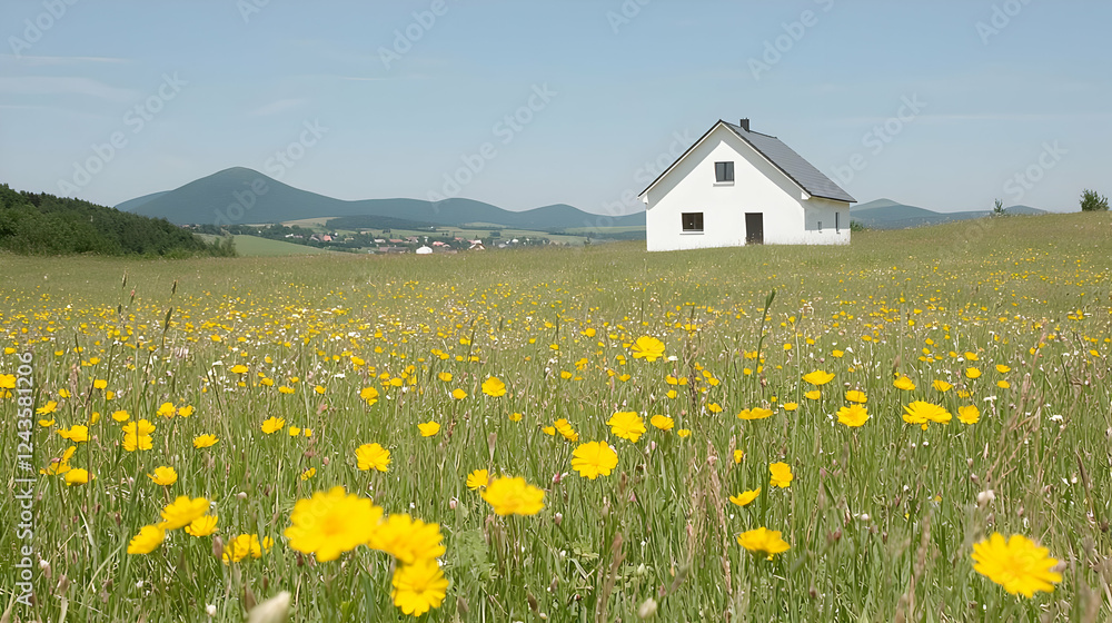 White house, wildflowers, hillside, summer day, real estate White house, wildflowers, hillside, summer day, real estate
