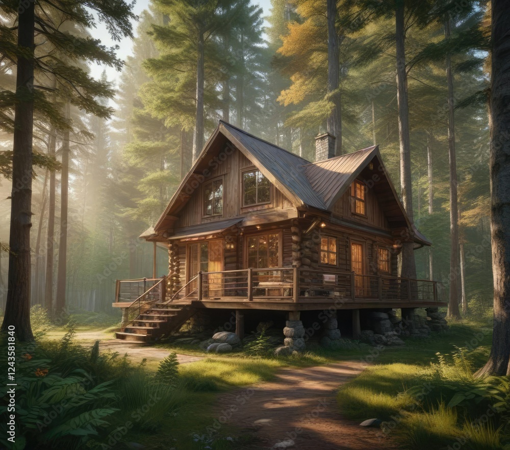 Wooden cabin nestled in a dense forest with tall trees surrounding it, cabin life, woodsy Wooden cabin nestled in a dense forest with tall trees surrounding it, cabin life, woodsy