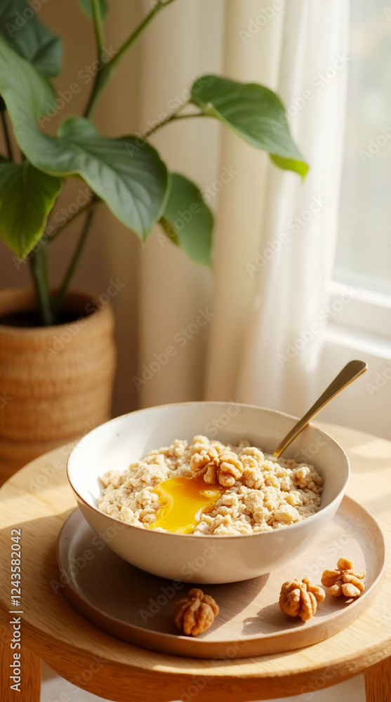 Warm oatmeal with honey and walnuts on rustic table in Japandi-inspired room, concept of minimalist breakfast and cozy living. Warm oatmeal with honey and walnuts on rustic table in Japandi-inspired room, concept of minimalist breakfast and cozy living.