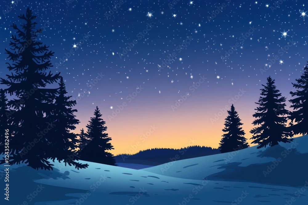 Serene Winter Night Sky with Constellations and Silhouette of Pine Trees in a Snowy Landscape Serene Winter Night Sky with Constellations and Silhouette of Pine Trees in a Snowy Landscape