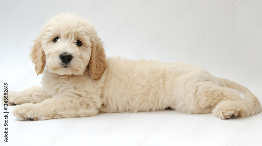 White background with a Golden Doodle dog, fluffy and friendly, looking playful White background with a Golden Doodle dog, fluffy and friendly, looking playful